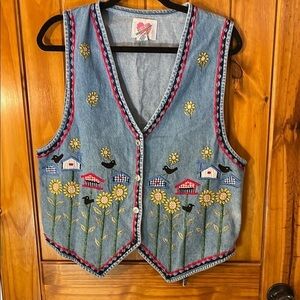 Keren Hart Vintage Blue Denim Jean Grandma Vest Medium Embroidered Birds Floral